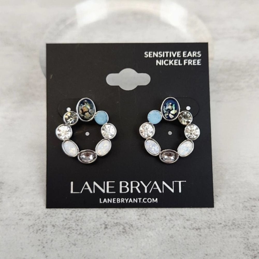 Lane Bryant Silver Tone Blue and Opalescent Oval Circle Post Earrings